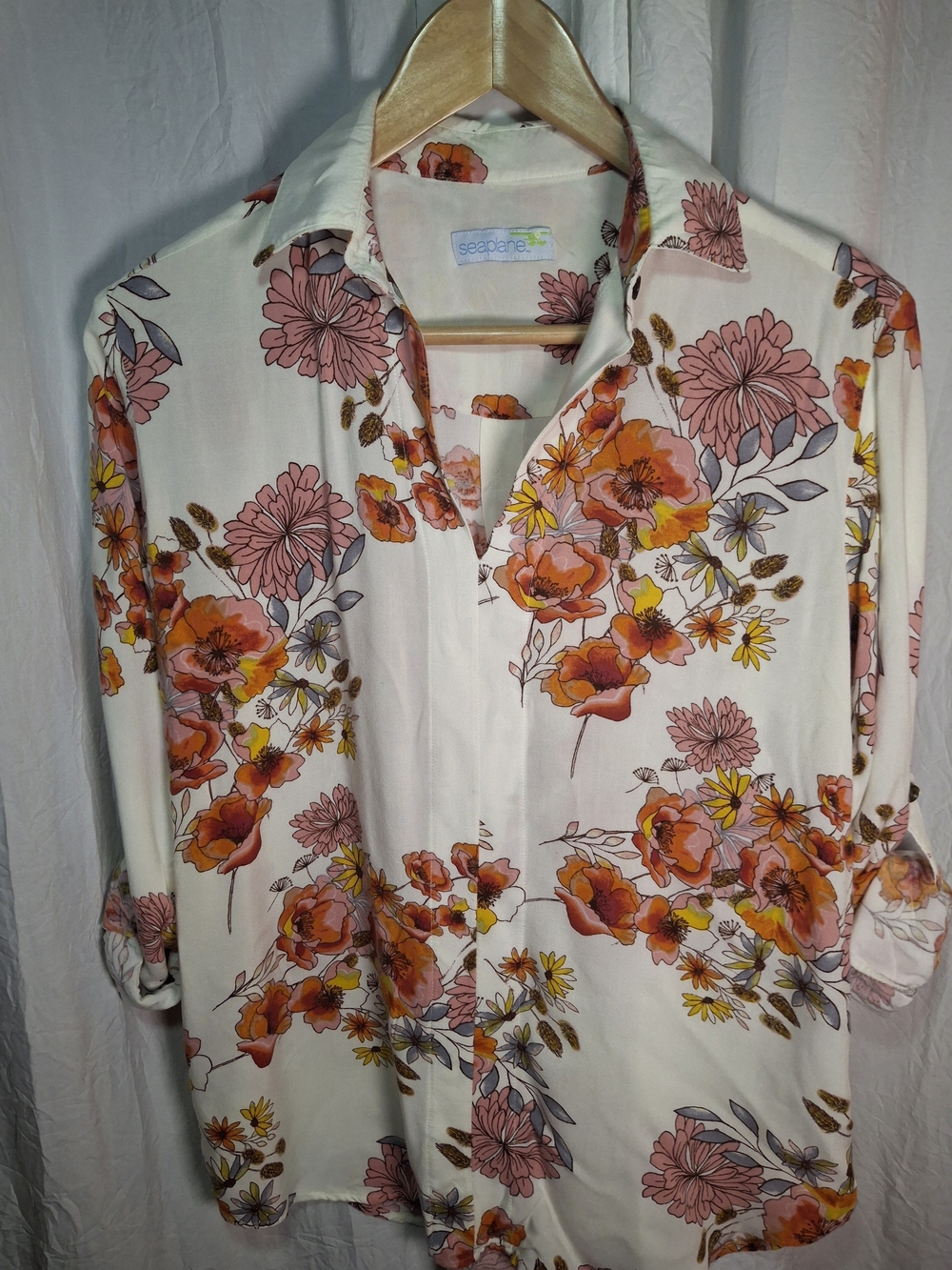 Seaplane Floral Button-Up Blouse in Cream with Orange & Pink Flowers